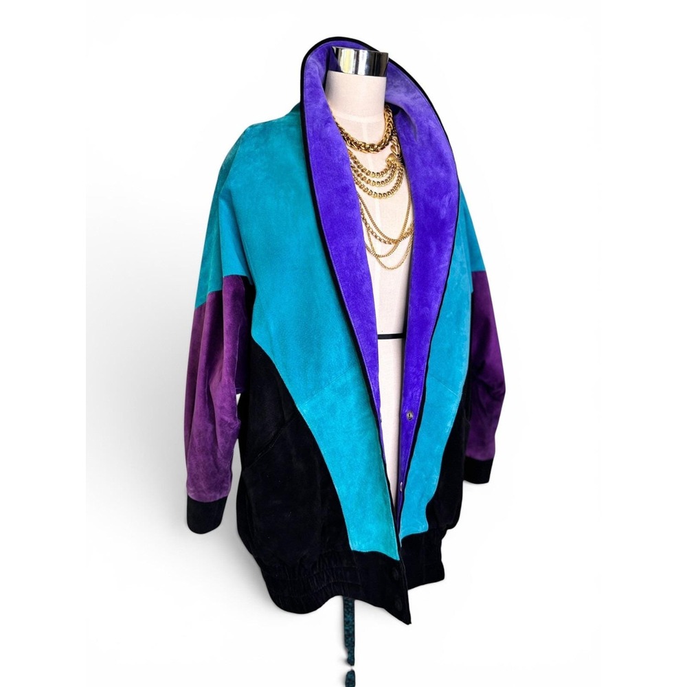 Rare Vintage Mary Hoffman Black, Teal, Purple Suede Color Block Suede Jacket M - Picture 6 of 11